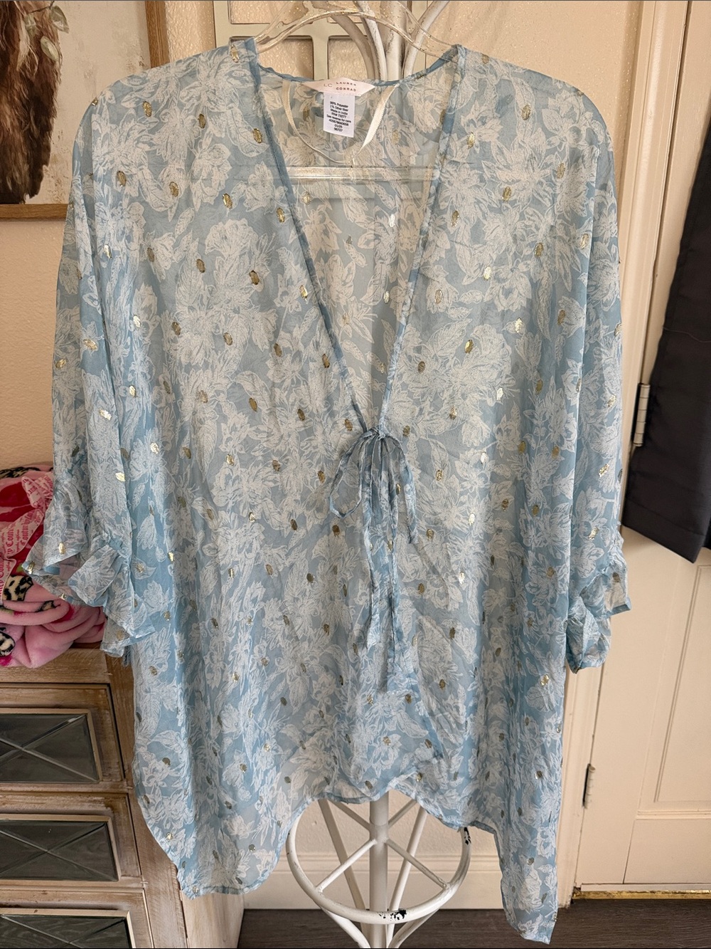 LC Lauren Conrad Light Blue Floral Sheer Tie-Front Tunic with Gold Accents
